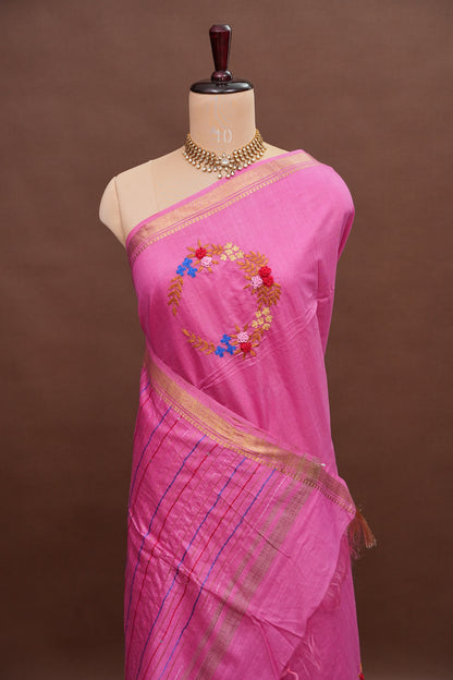 Hand Embroidery Pure Linen Silk Saree With Gold Zari Border - Candy Pink