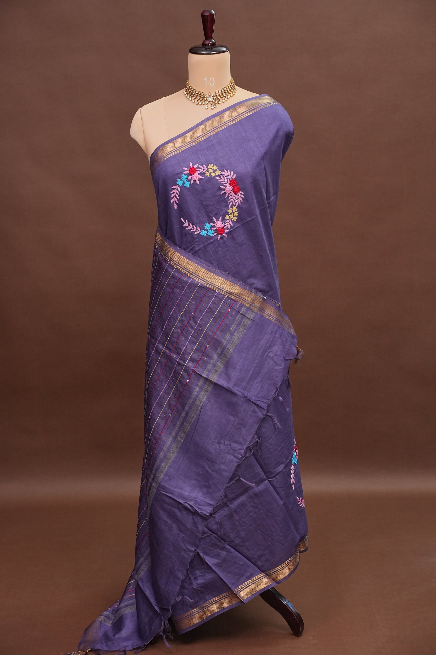 Hand Embroidery Pure Linen Silk Saree With Gold Zari Border - Smoky Lavender Purple