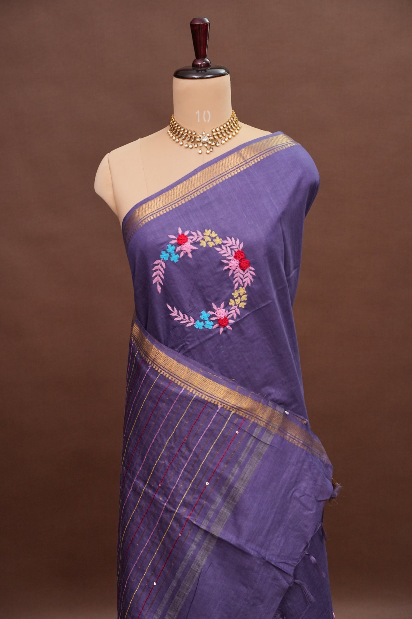 Hand Embroidery Pure Linen Silk Saree With Gold Zari Border - Smoky Lavender Purple