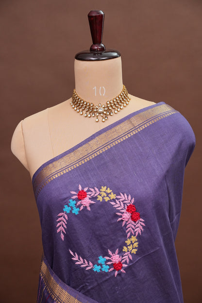 Hand Embroidery Pure Linen Silk Saree With Gold Zari Border - Smoky Lavender Purple