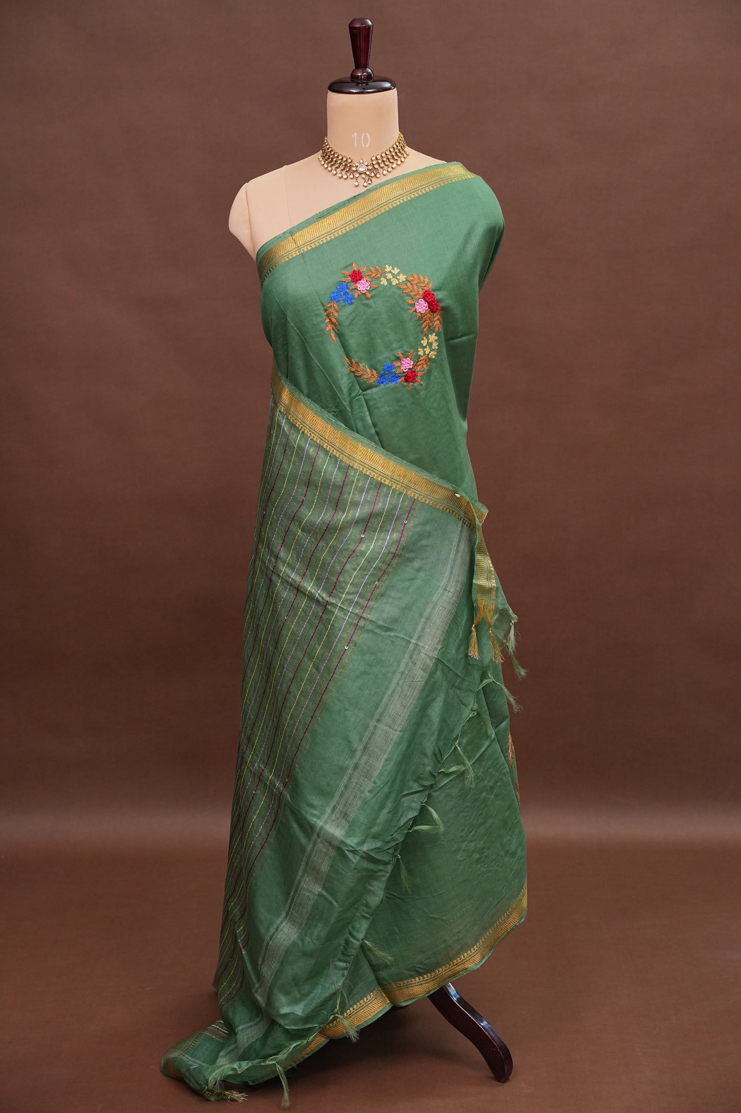Hand Embroidery Pure Linen Silk Saree With Gold Zari Border - Deep Leaf Green