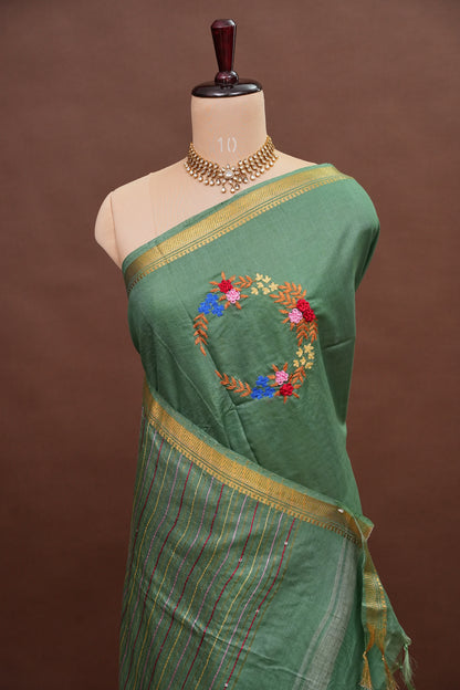 Hand Embroidery Pure Linen Silk Saree With Gold Zari Border - Deep Leaf Green