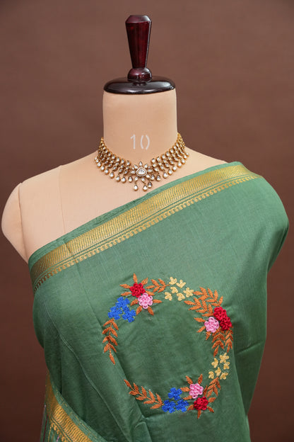 Hand Embroidery Pure Linen Silk Saree With Gold Zari Border - Deep Leaf Green