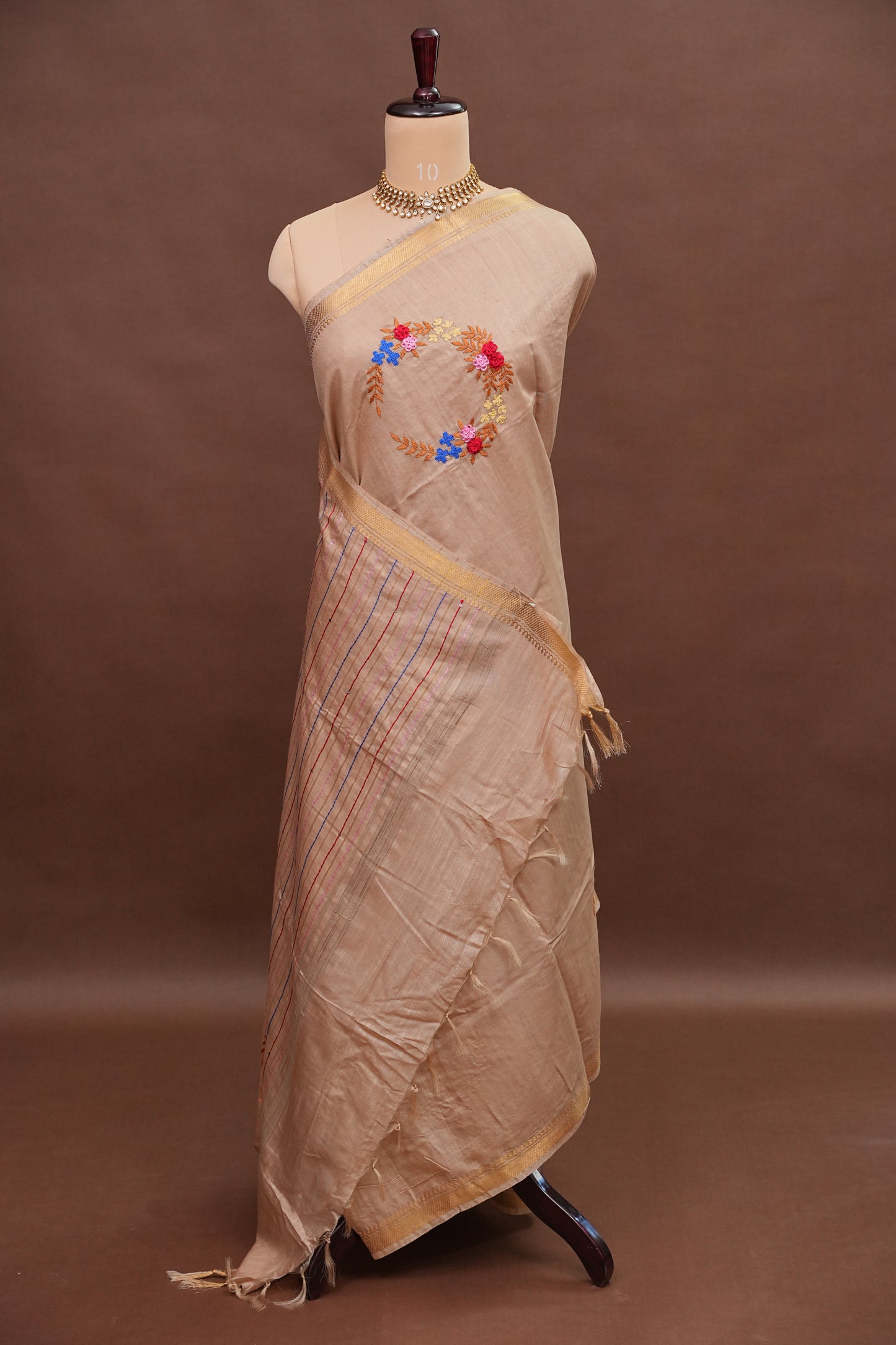 Hand Embroidery Pure Linen Silk Saree With Gold Zari Border - Beige Nude Shade