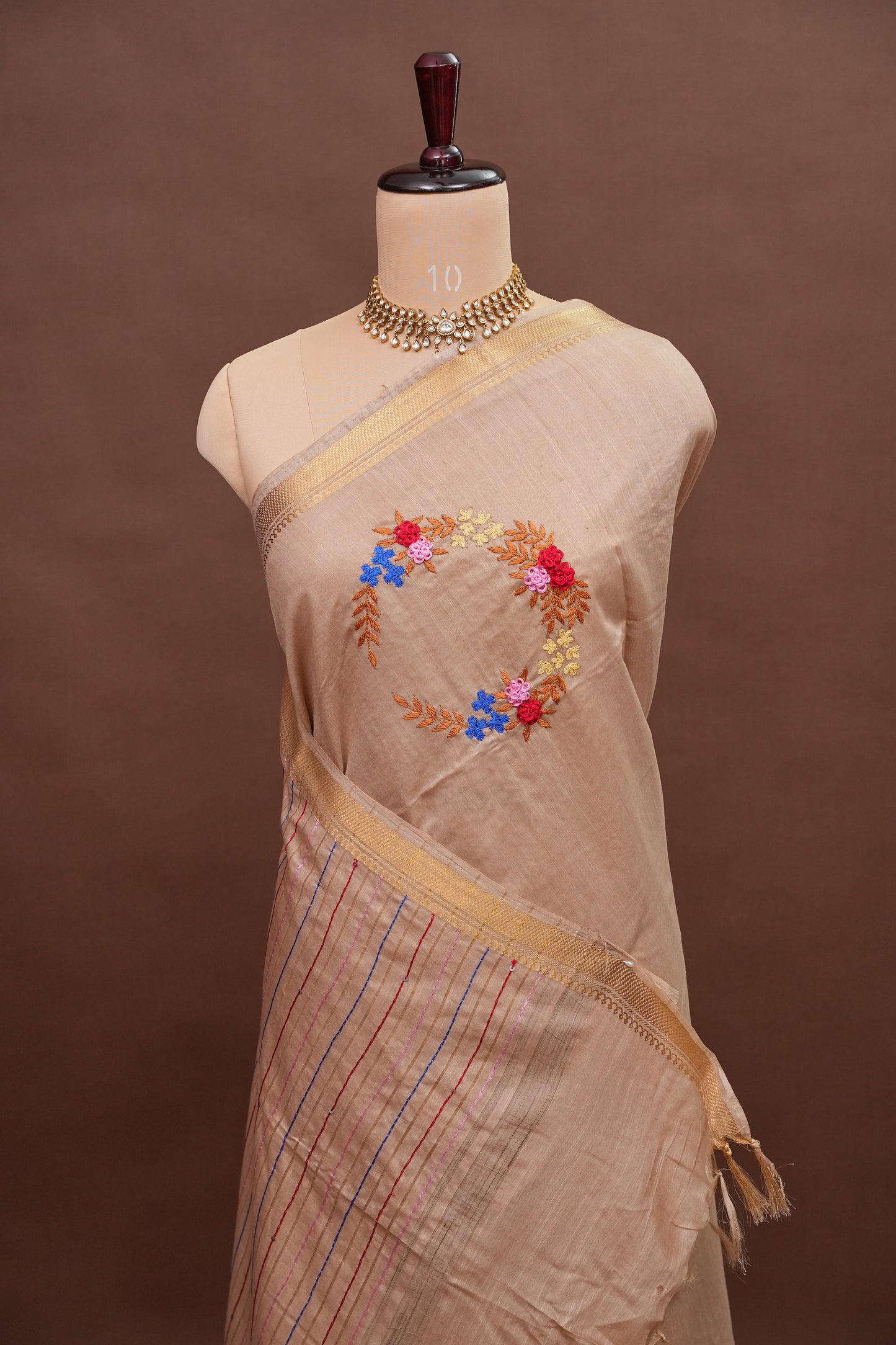 Hand Embroidery Pure Linen Silk Saree With Gold Zari Border - Beige Nude Shade