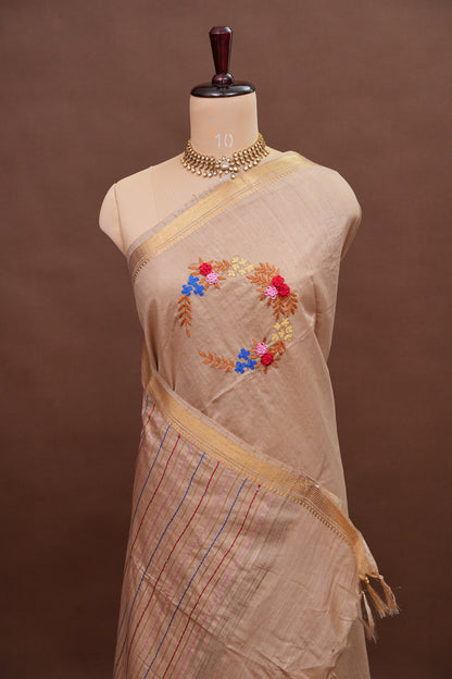 Hand Embroidery Pure Linen Silk Saree With Gold Zari Border - Beige Nude Shade