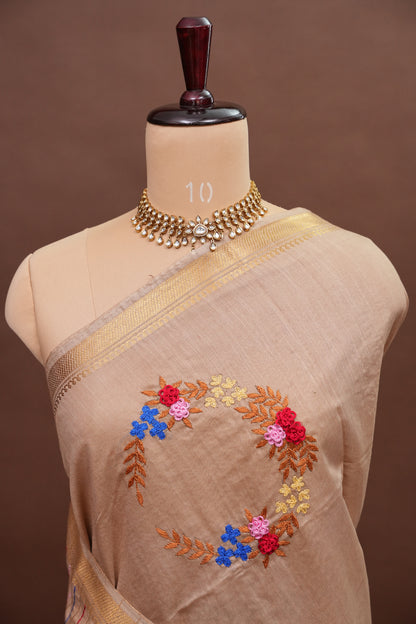 Hand Embroidery Pure Linen Silk Saree With Gold Zari Border - Beige Nude Shade