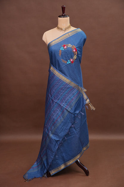 Hand Embroidery Pure Linen Silk Saree With Gold Zari Border - Steel Blue