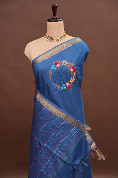 Hand Embroidery Pure Linen Silk Saree With Gold Zari Border - Steel Blue