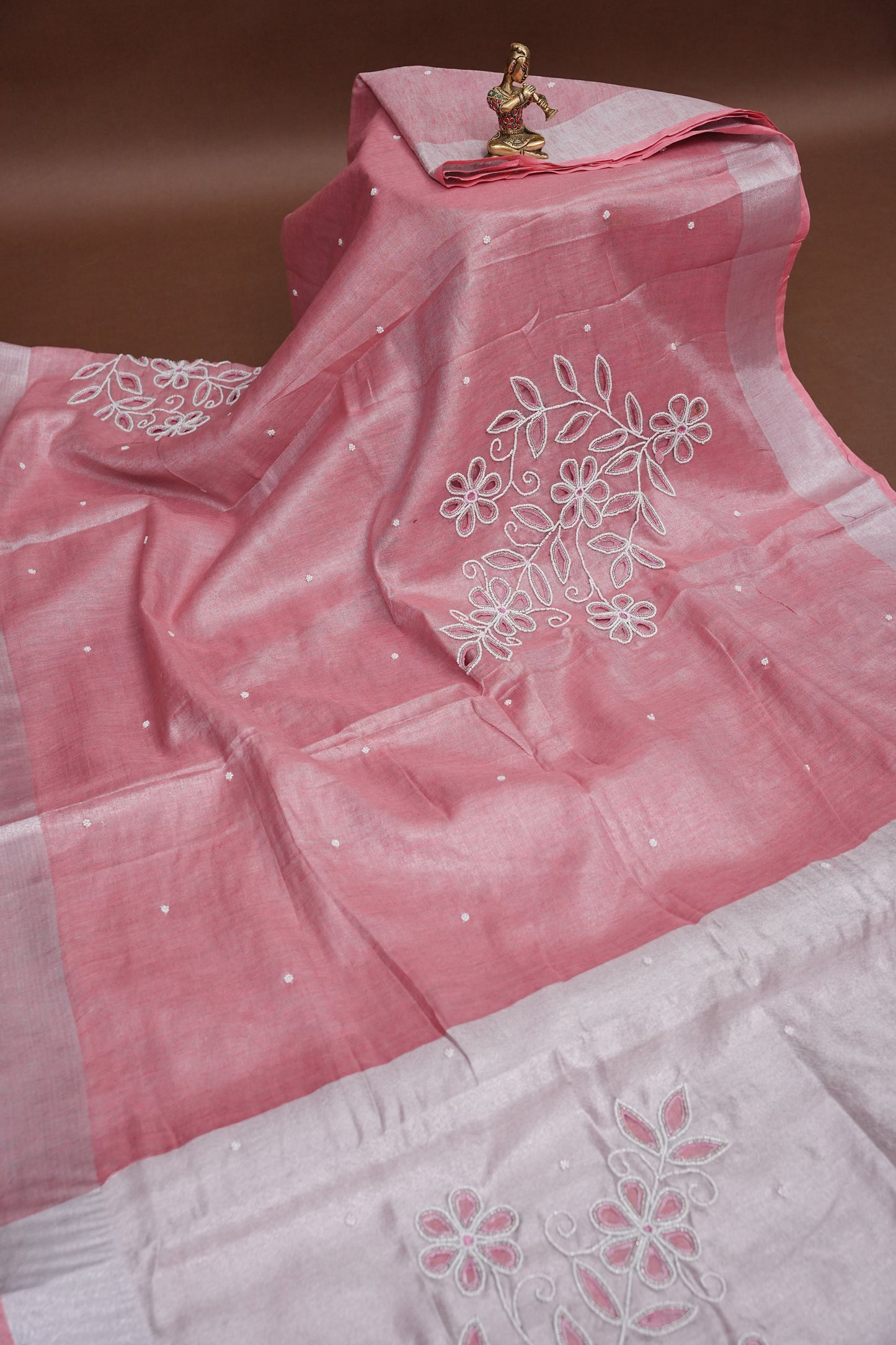 Hand Embroidered Pure Tissue Linen Silk Saree - Blush Pink