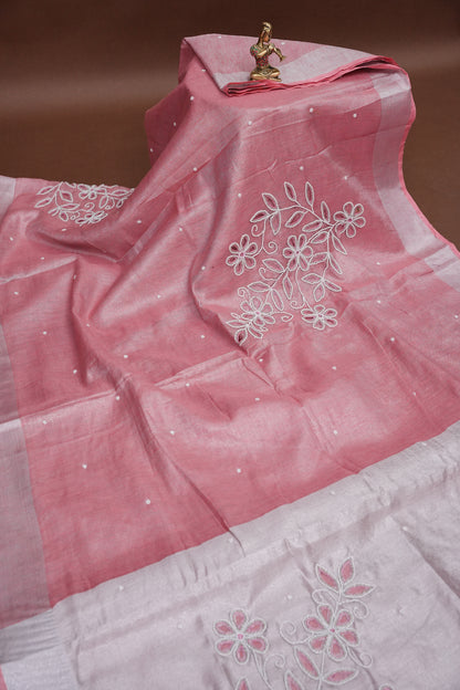Hand Embroidered Pure Tissue Linen Silk Saree - Blush Pink