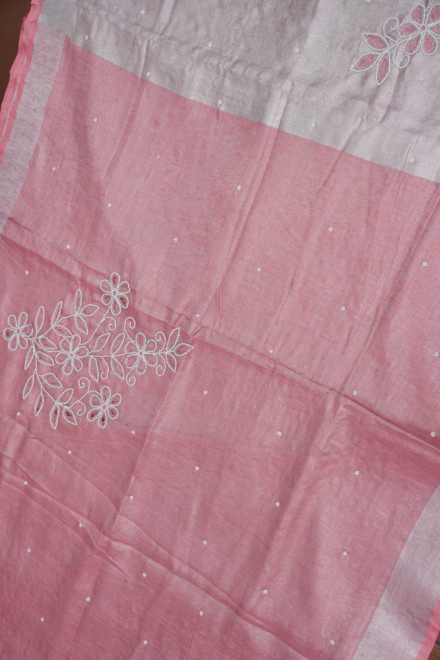 Hand Embroidered Pure Tissue Linen Silk Saree - Blush Pink