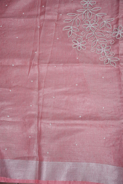 Hand Embroidered Pure Tissue Linen Silk Saree - Blush Pink