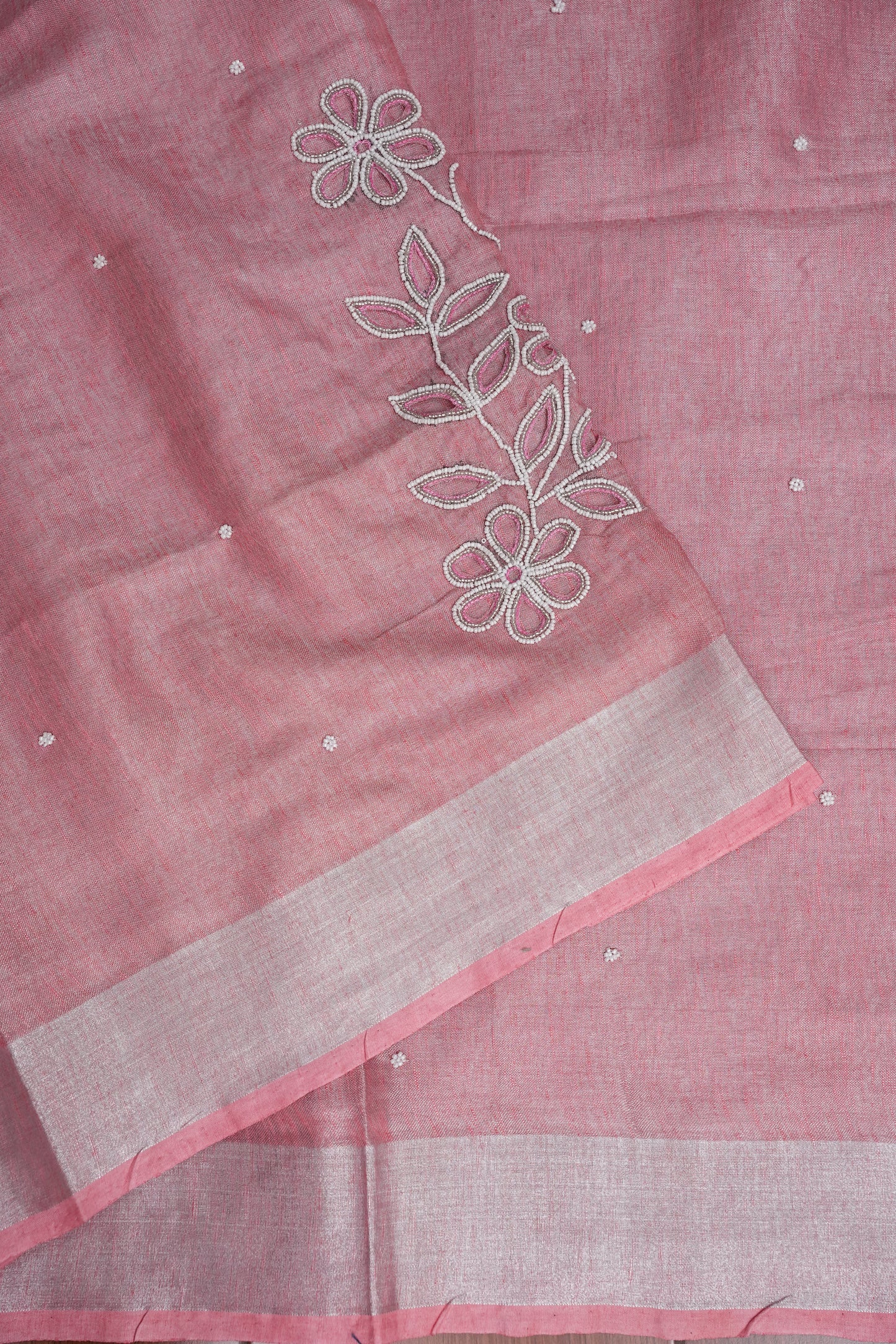 Hand Embroidered Pure Tissue Linen Silk Saree - Blush Pink