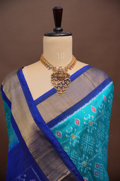 Pure Ikkat Soft Silk Saree - Teal Blue & Royal Blue