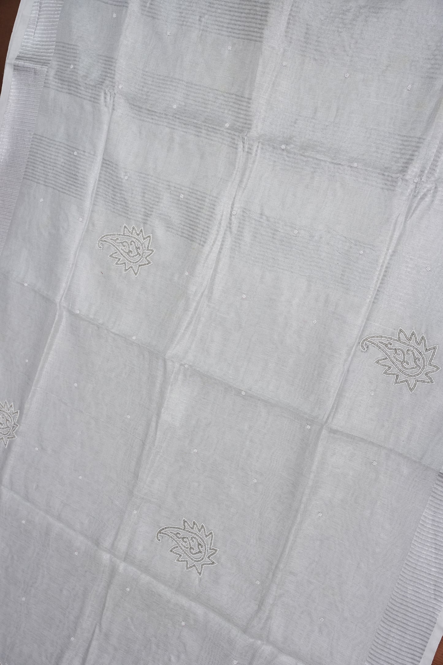 Hand Embroidered Pure Tissue Linen Silk Saree - Silver