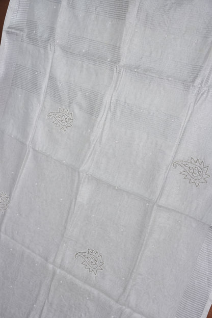 Hand Embroidered Pure Tissue Linen Silk Saree - Silver