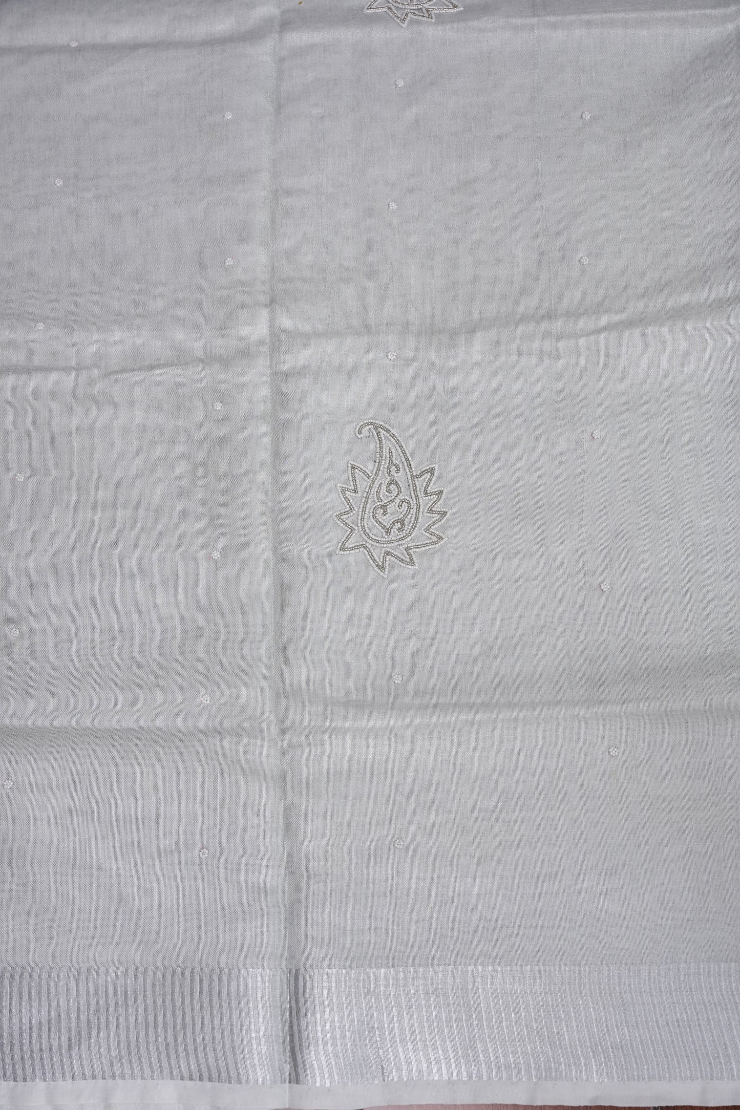 Hand Embroidered Pure Tissue Linen Silk Saree - Silver