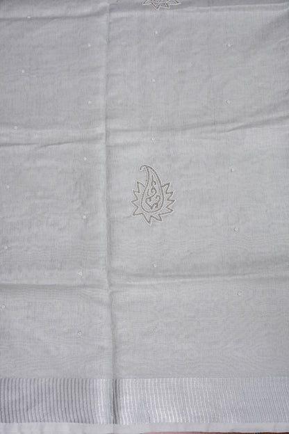 Hand Embroidered Pure Tissue Linen Silk Saree - Silver