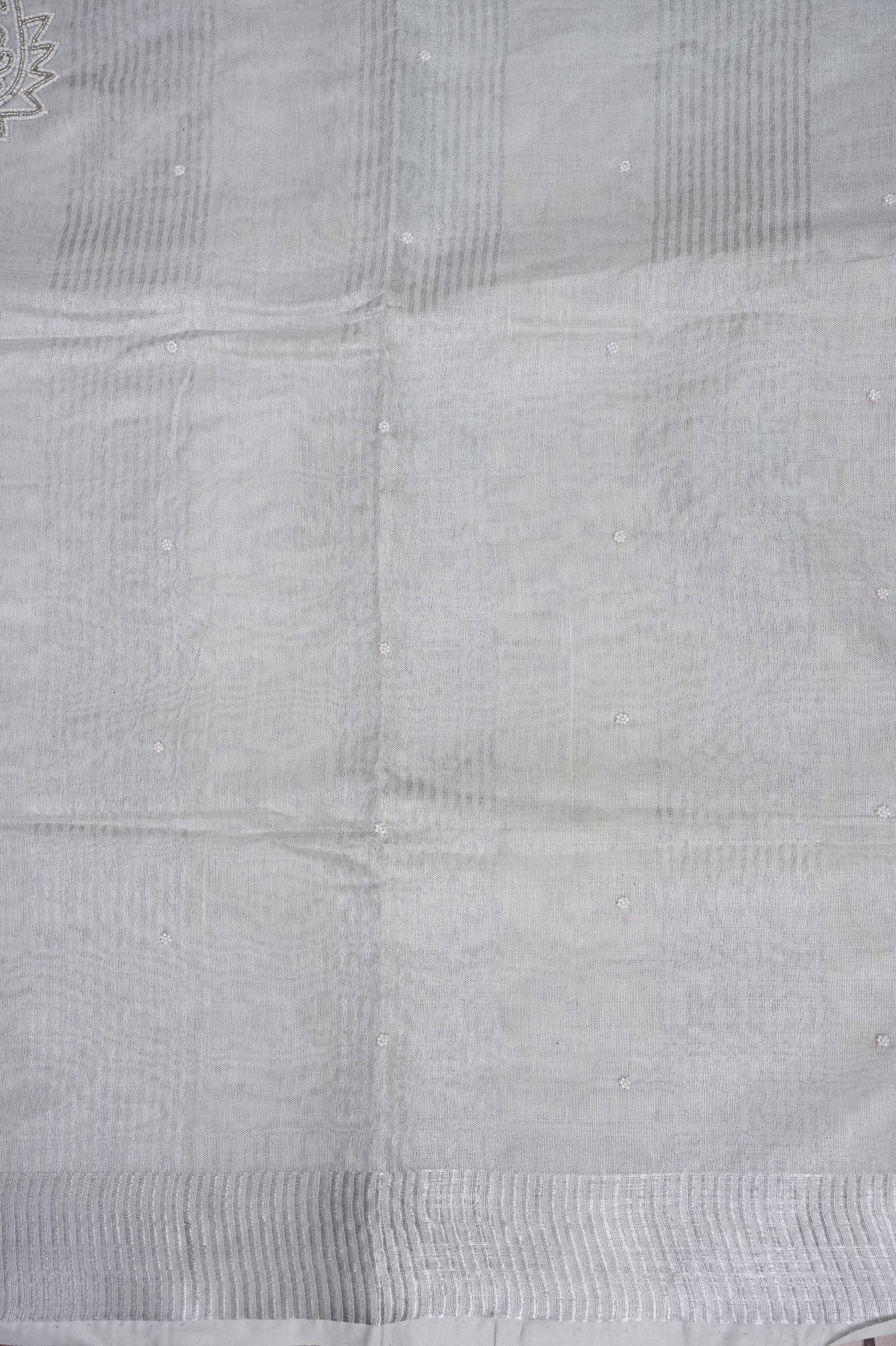 Hand Embroidered Pure Tissue Linen Silk Saree - Silver
