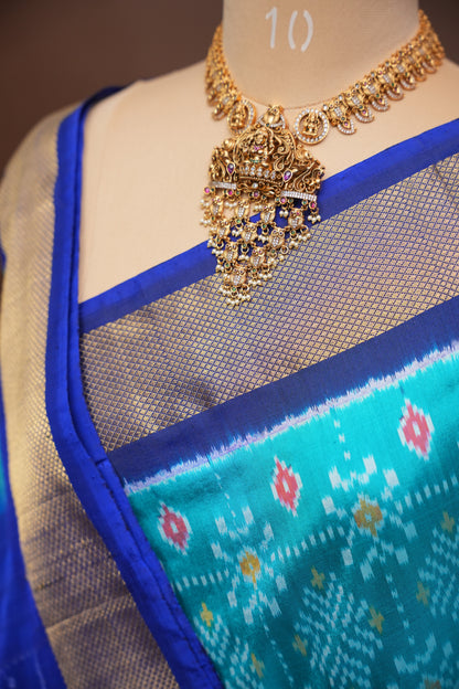 Pure Ikkat Soft Silk Saree - Teal Blue & Royal Blue