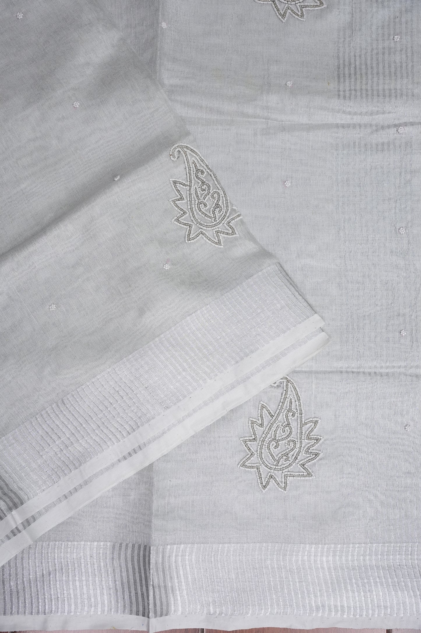 Hand Embroidered Pure Tissue Linen Silk Saree - Silver