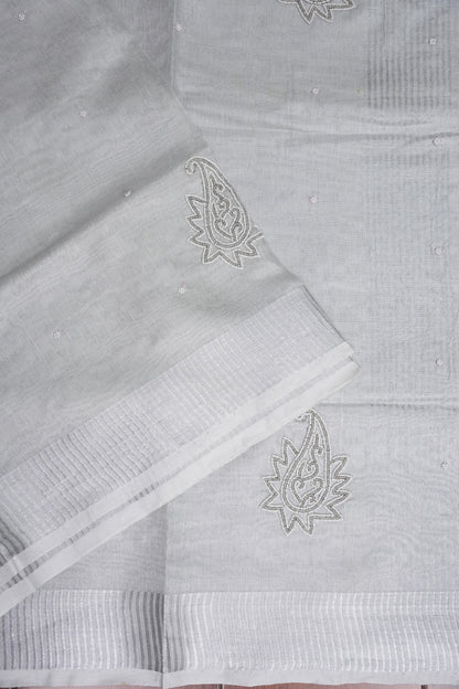Hand Embroidered Pure Tissue Linen Silk Saree - Silver