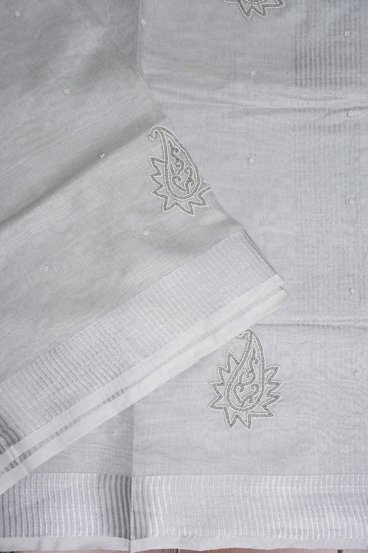 Hand Embroidered Pure Tissue Linen Silk Saree - Silver
