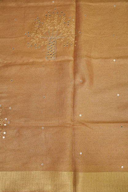 Hand Embroidered Pure Tissue Linen Silk Saree - Gold