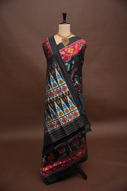 Pure Ikkat Soft Silk Saree - Black with Multicolour
