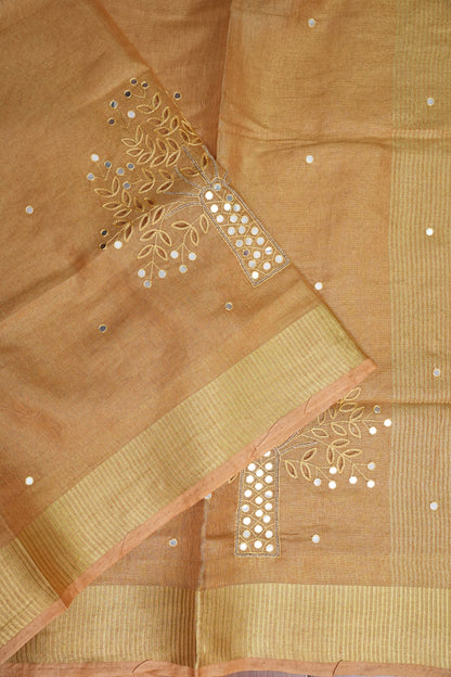 Hand Embroidered Pure Tissue Linen Silk Saree - Gold