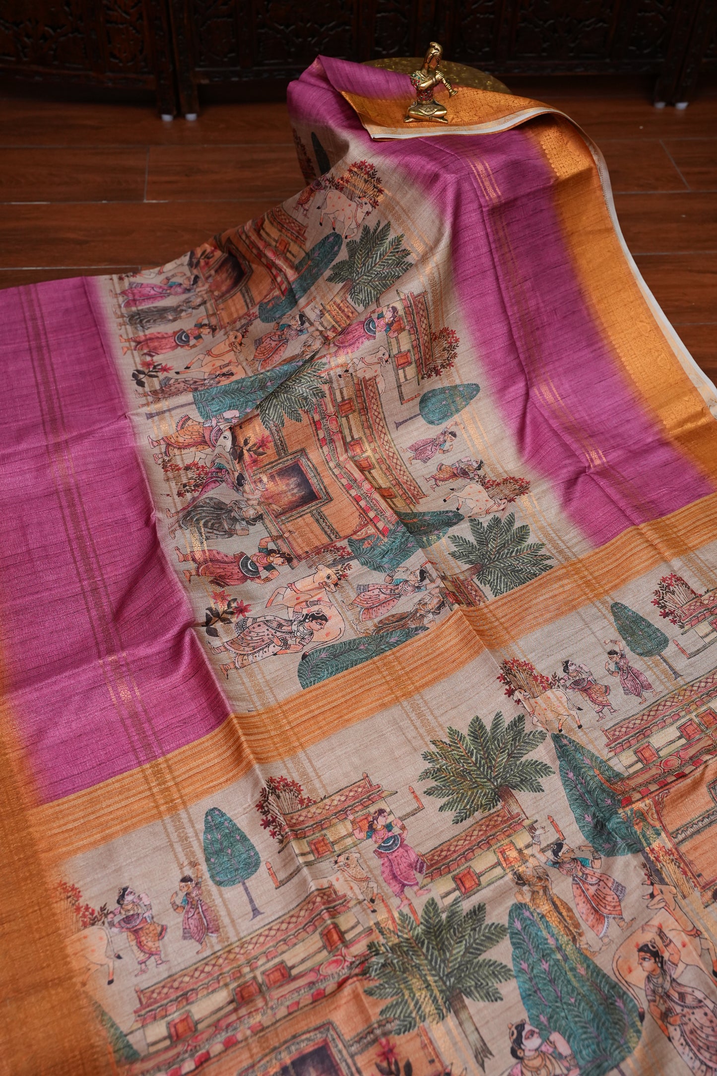 Semi Tussar Saree – Copper Brown & Magenta with Heritage Digital Print