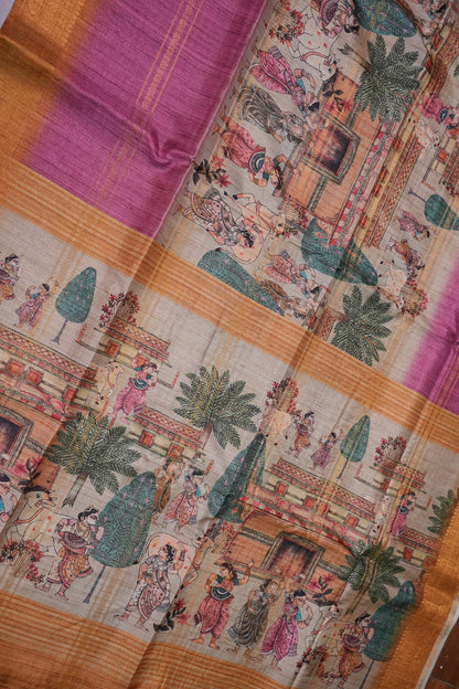 Semi Tussar Saree – Copper Brown & Magenta with Heritage Digital Print