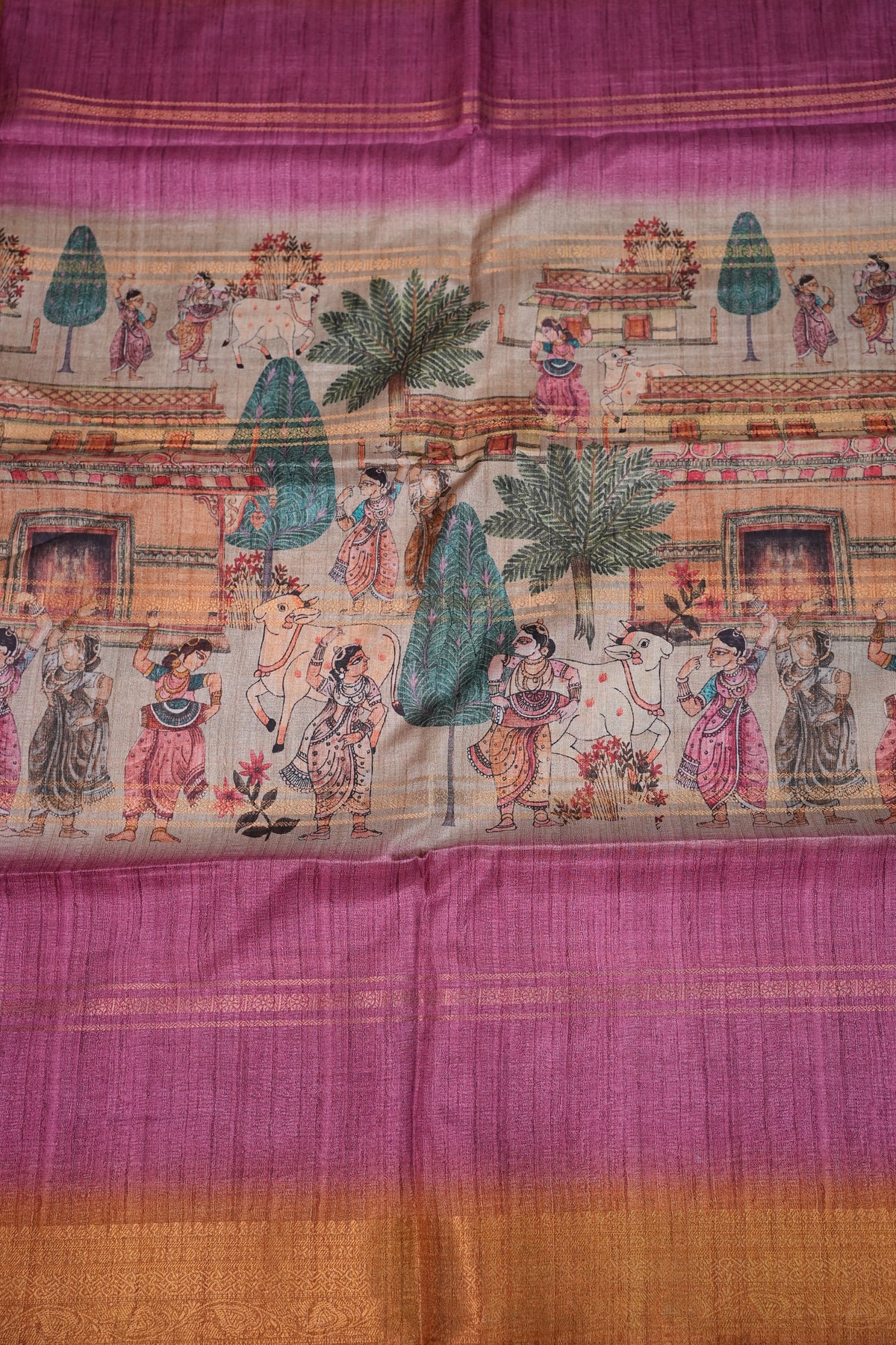 Semi Tussar Saree – Copper Brown & Magenta with Heritage Digital Print