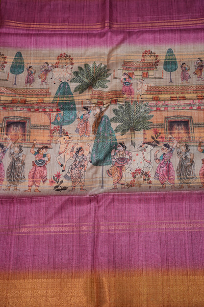 Semi Tussar Saree – Copper Brown & Magenta with Heritage Digital Print