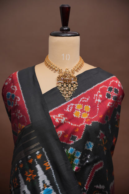 Pure Ikkat Soft Silk Saree - Black with Multicolour