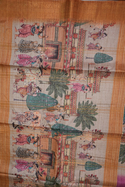 Semi Tussar Saree – Copper Brown & Magenta with Heritage Digital Print