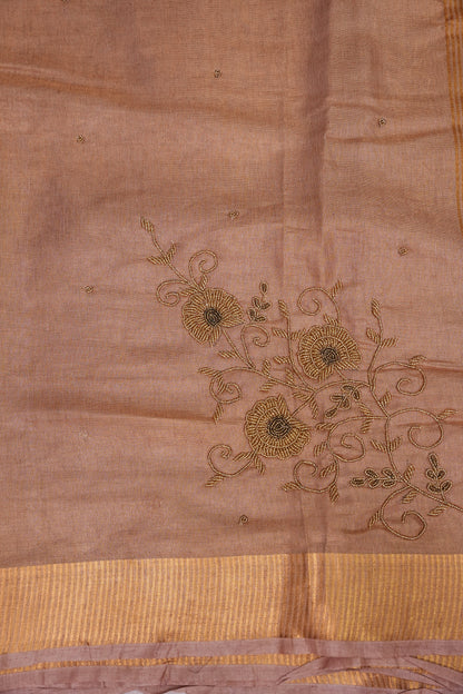 Hand Embroidered Pure Tissue Linen Silk Saree - Pinkish Peach