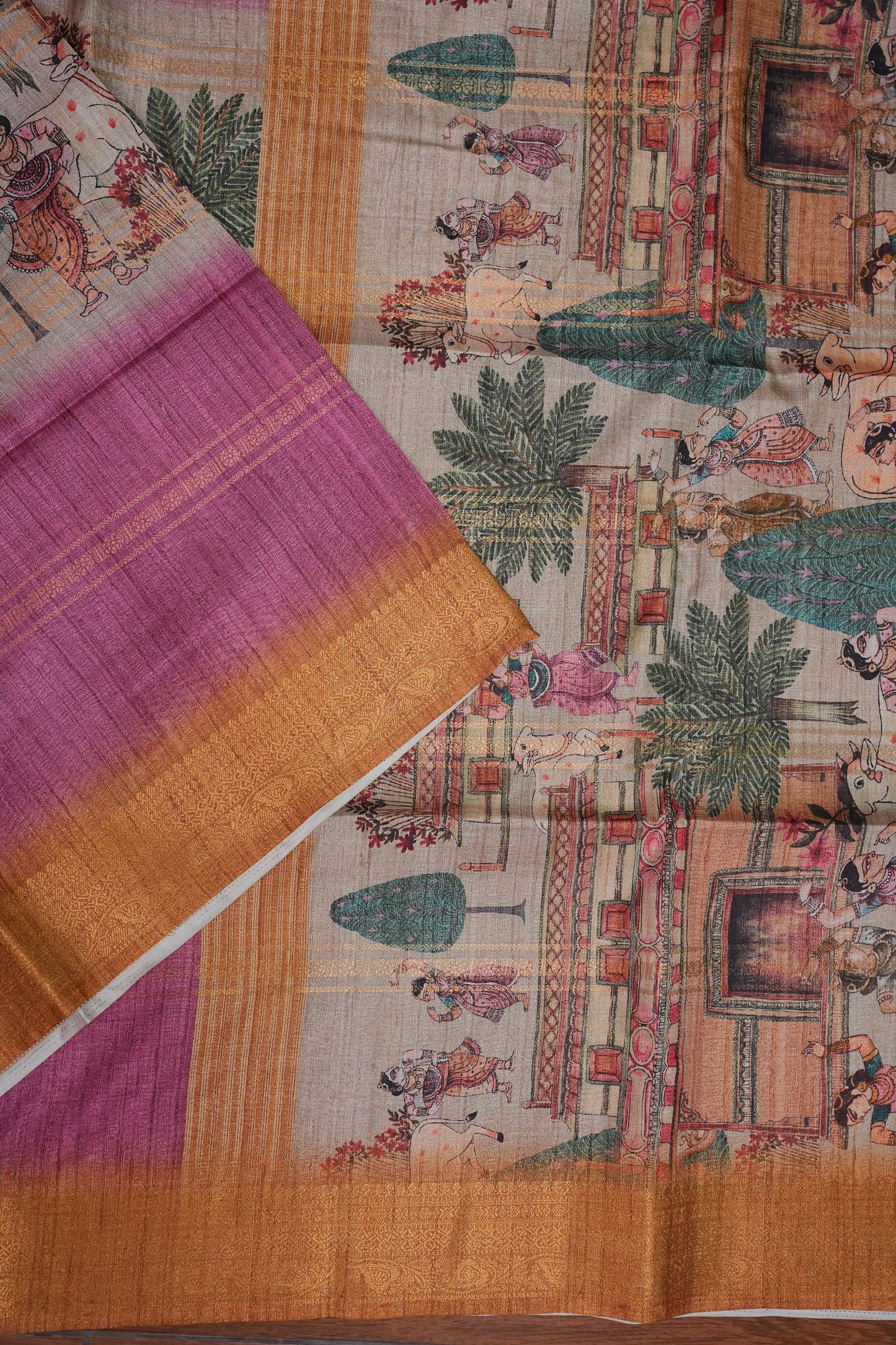 Semi Tussar Saree – Copper Brown & Magenta with Heritage Digital Print