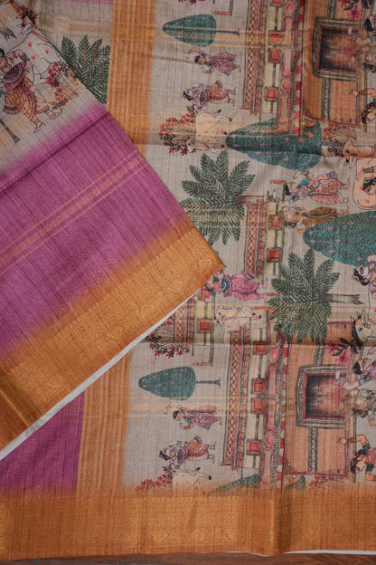 Semi Tussar Saree – Copper Brown & Magenta with Heritage Digital Print