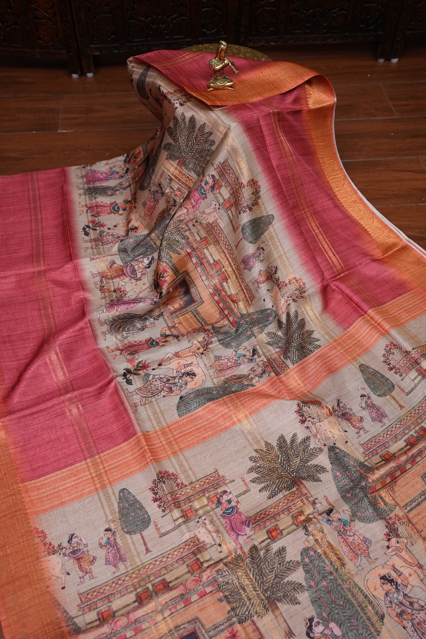 Semi Tussar Saree – Peach & Rose Pink with Heritage Digital Print