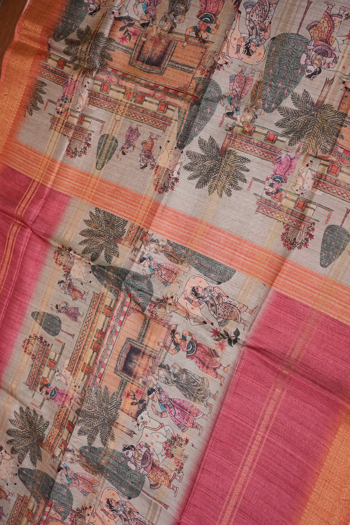 Semi Tussar Saree – Peach & Rose Pink with Heritage Digital Print