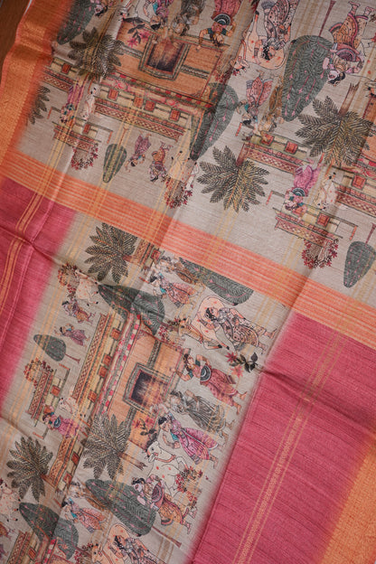Semi Tussar Saree – Peach & Rose Pink with Heritage Digital Print