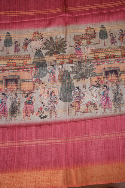Semi Tussar Saree – Peach & Rose Pink with Heritage Digital Print