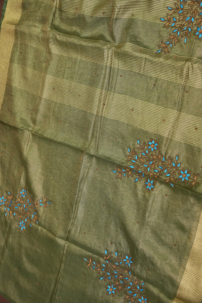 Hand Embroidered Pure Tissue Linen Silk Saree - Muted Olive Green