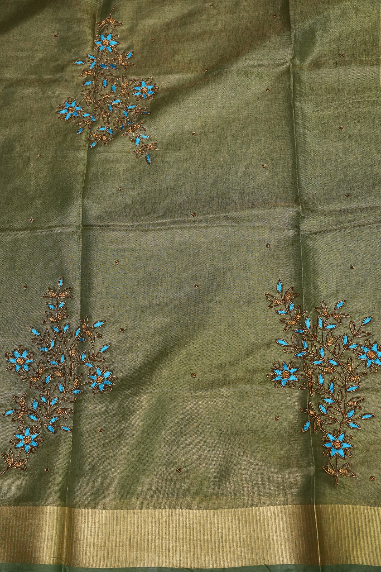 Hand Embroidered Pure Tissue Linen Silk Saree - Muted Olive Green