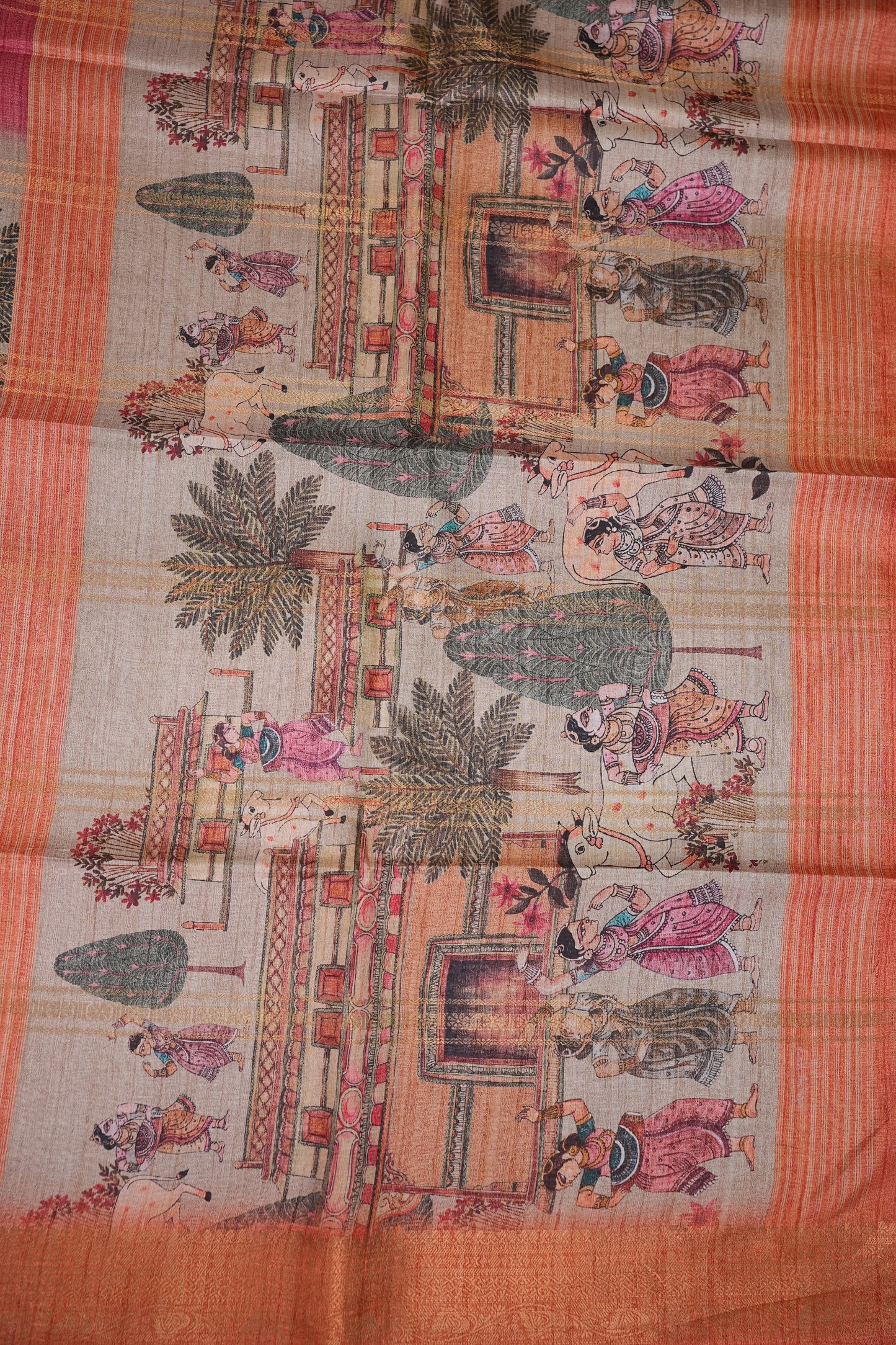 Semi Tussar Saree – Peach & Rose Pink with Heritage Digital Print