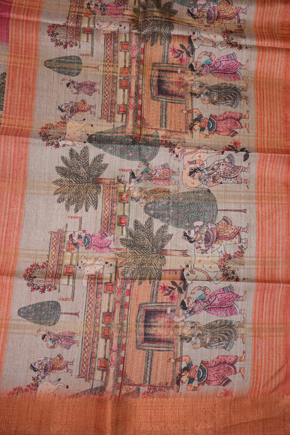 Semi Tussar Saree – Peach & Rose Pink with Heritage Digital Print