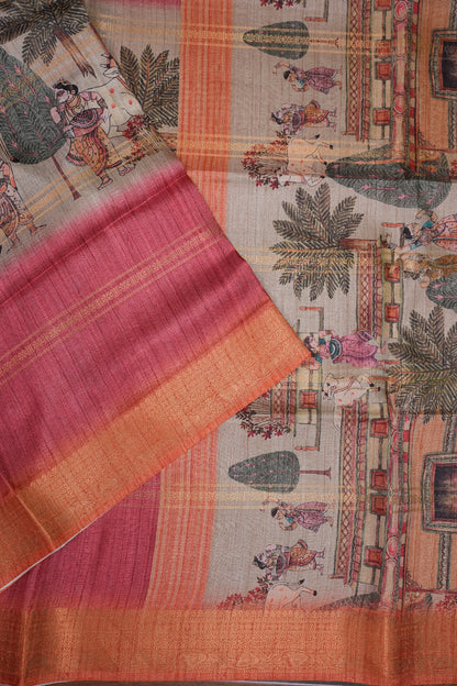 Semi Tussar Saree – Peach & Rose Pink with Heritage Digital Print