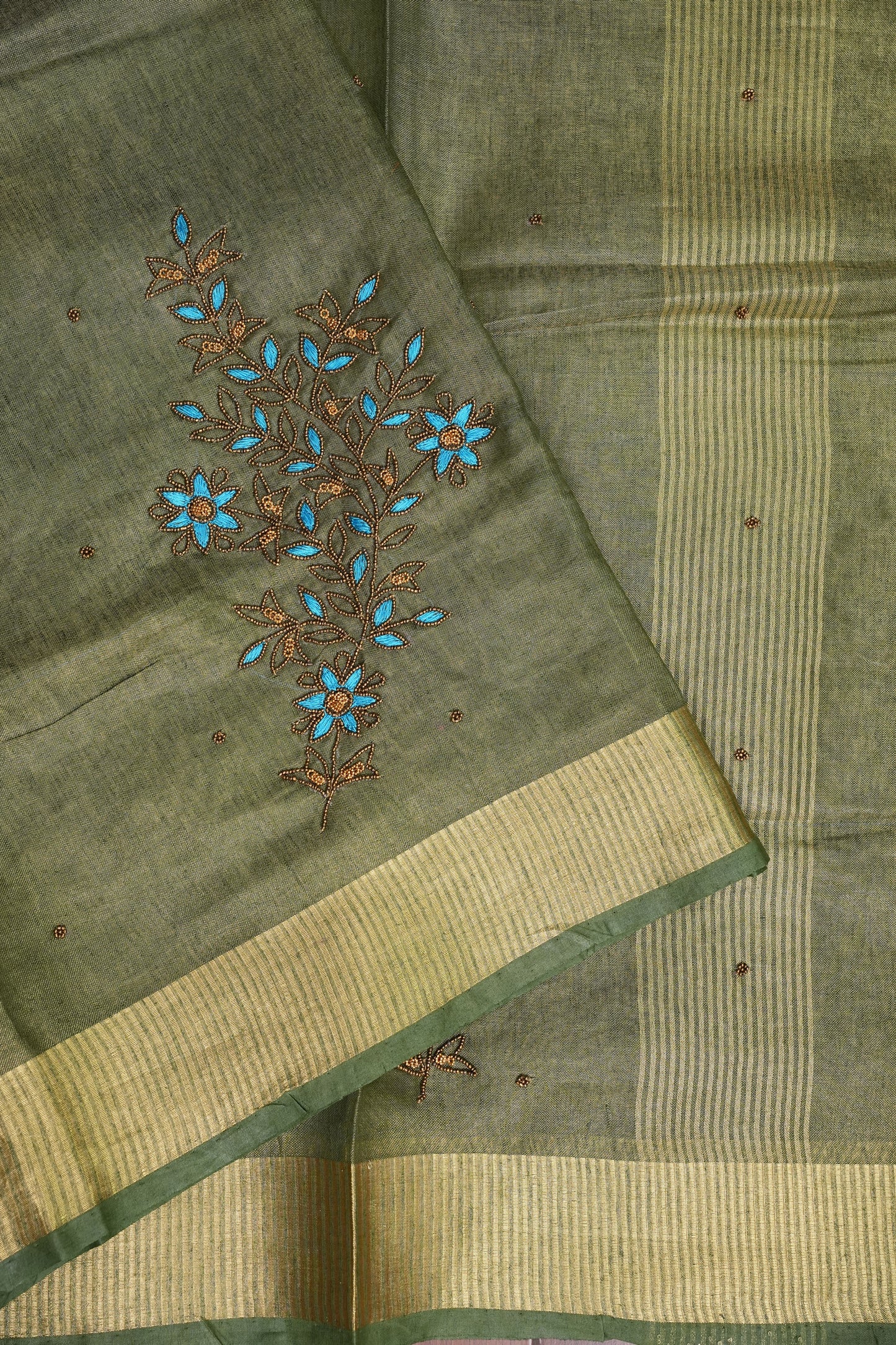 Hand Embroidered Pure Tissue Linen Silk Saree - Muted Olive Green
